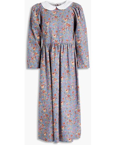 Ghost Alora Floral-print Cotton And Linen-blend Midi Dress - Blue