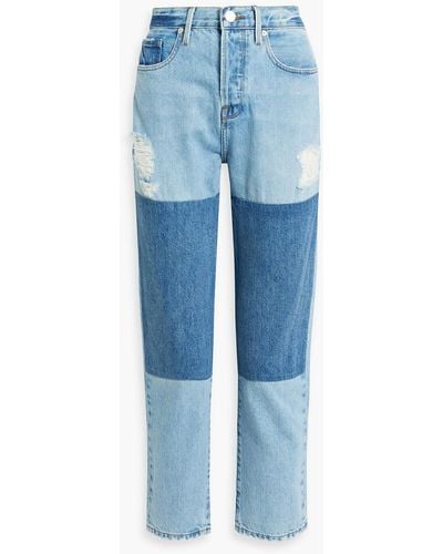 FRAME Le Original Distressed Patchwork High-rise Straight-leg Jeans - Blue