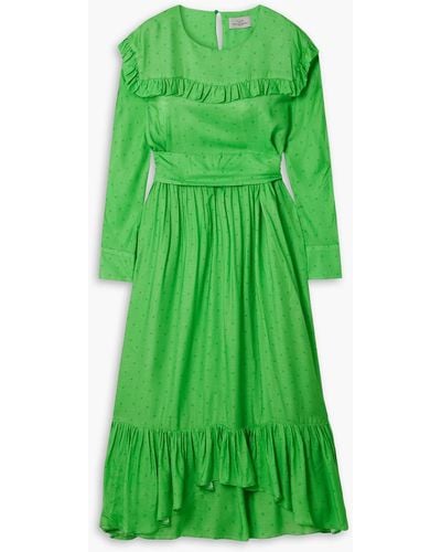 Preen By Thornton Bregazzi Iris Belted Ruffled Satin-jacquard Midi Dress - Green