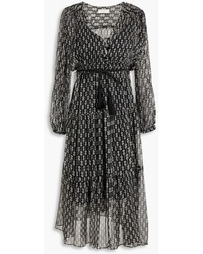 Sandro Angela Belted Printed Silk-voile Midi Dress - Black