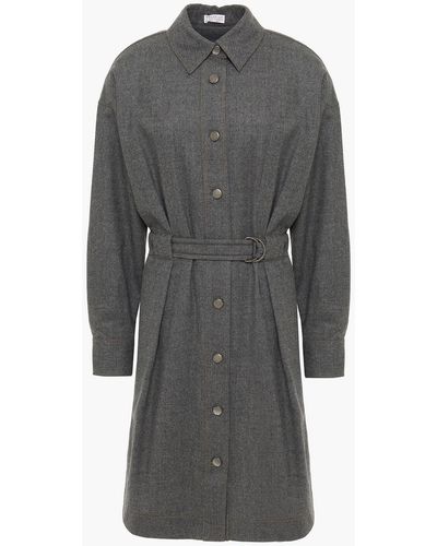 Brunello Cucinelli Belted Bead-embellished Wool-blend Flannel Shirt Dress - Gray