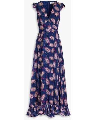 Saloni Emma Ruffled Printed Cotton And Silk-blend Maxi Dress - Blue