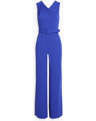 Badgley Mischka Belted Pleated Crepe Jumpsuit - Blue