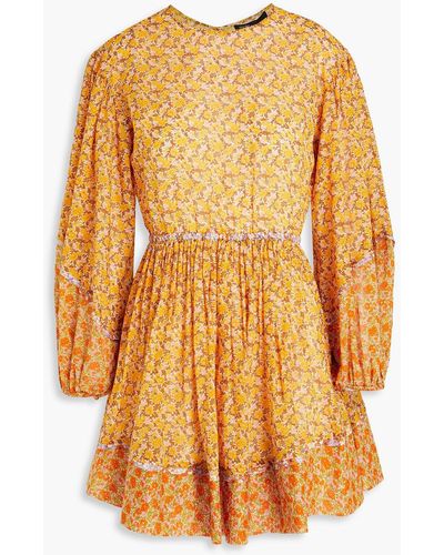 Maje Gathered Floral-print Organic Cotton-canvas Mini Dress - Orange