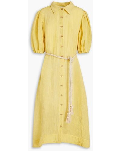 Lisa Marie Fernandez Pouf Belted Linen-blend Gauze Midi Shirt Dress - Yellow