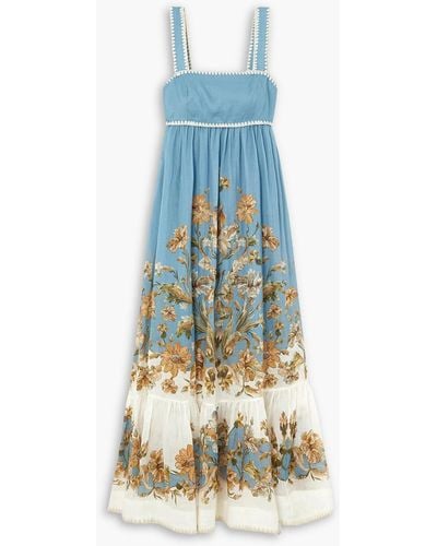 Zimmermann Chintz Tiered Floral-print Ramie Midi Dress - Blue