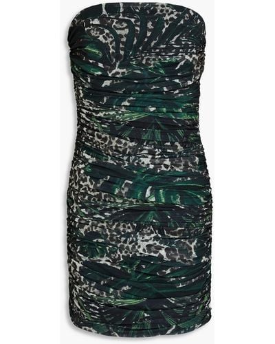 Ba&sh Strapless Ruched Printed Mesh Mini Dress - Green