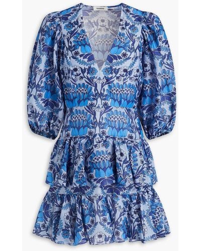 Sandro Tiered Floral-print Linen-blend Gauze Mini Dress - Blue
