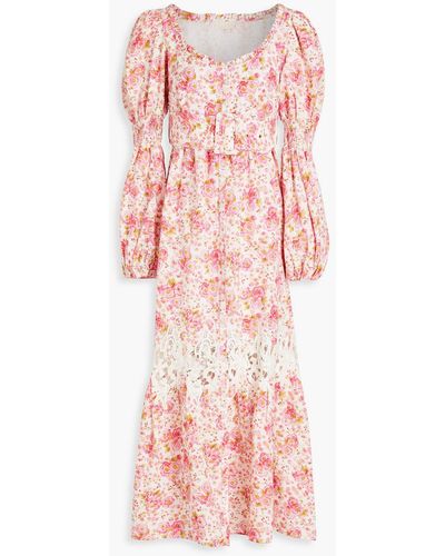 byTiMo Guipure Lace-trimmed Floral-print Linen And Cotton-blend Midi Dress - Pink