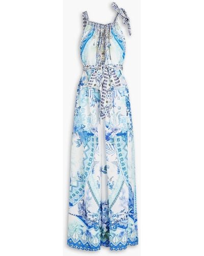 Camilla Jumpsuit mit weitem bein aus crêpe de chine aus seide mit print - Blau