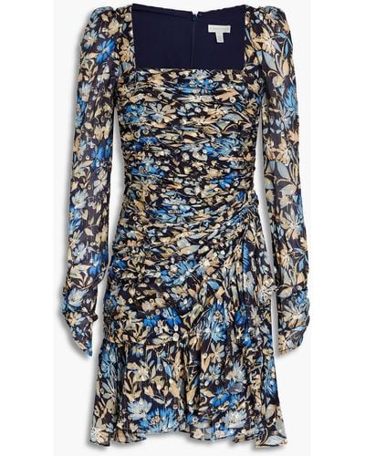 ML Monique Lhuillier Ruched Floral-print Metallic Fil Coupé Mini Dress - Blue