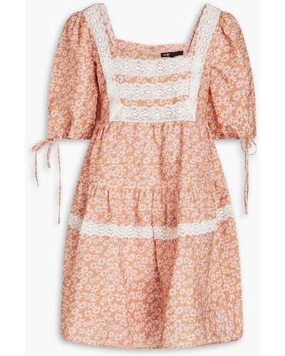 Maje Crocheted Lace-trimmed Floral-print Linen-blend Mini Dress - Pink
