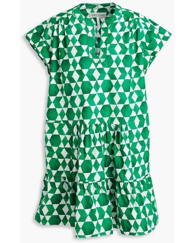 Saloni Ashley B Gathered Printed Cotton-poplin Mini Dress - Green
