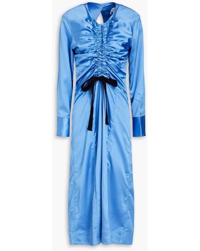Ganni Ruched Cutout Satin Midi Dress - Blue