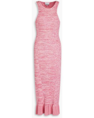 Ganni Marled Ribbed-knit Midi Dress - Pink