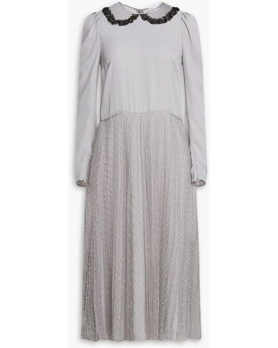 RED Valentino Pleated Ruffle-trimmed Point D'esprit Midi Dress - Grey