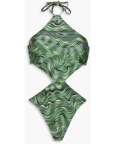 Cult Gaia Camari Cutout Printed Halterneck Swimsuit - Green