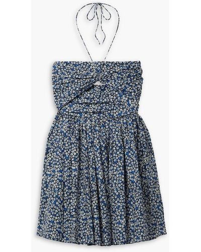 Matteau Cutout Ruched Floral-print Cotton-poplin Halterneck Mini Dress - Blue