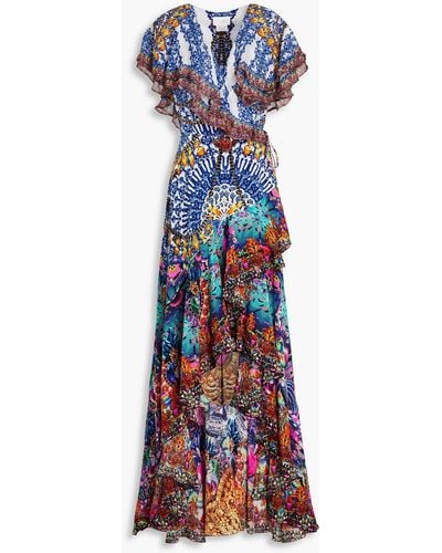Camilla Ruffled Printed Silk Crepe De Chine Wrap Dress - Blue