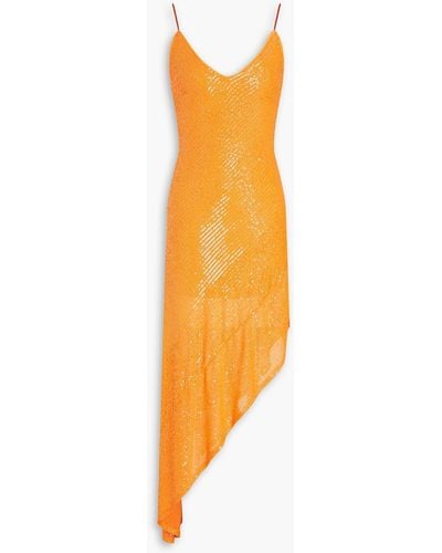 ROTATE BIRGER CHRISTENSEN Asymmetric Sequined Stretch-mesh Slip Dress - Orange