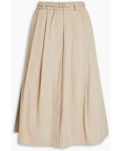 Brunello Cucinelli Belted Pleated Cotton-blend Midi Skirt - Natural