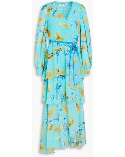 Diane von Furstenberg Silvia Tiered Floral-print Crepe De Chine Midi Wrap Dress - Blue