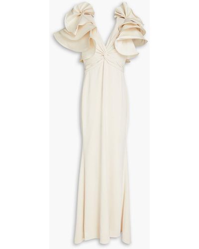 Badgley Mischka Twist-front Ruffled Faille And Crepe Gown - White