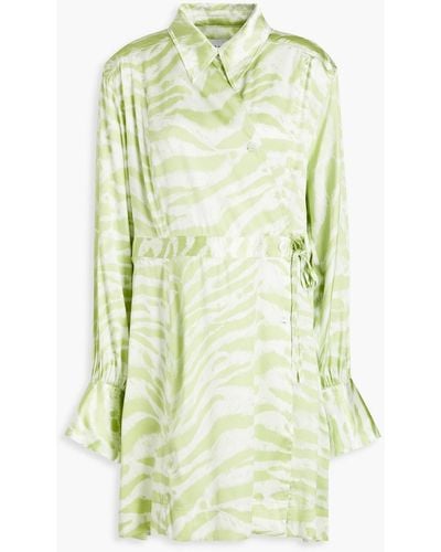 Ganni Tiger-print Silk-blend Satin Wrap Dress - Green