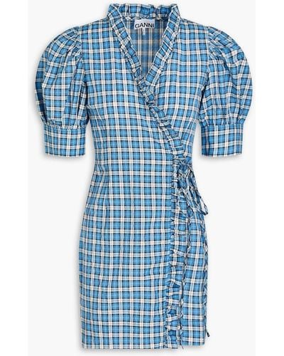 Ganni Checked Cotton-blend Seersucker Mini Wrap Dress - Blue