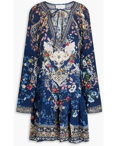 Camilla Crystal-embellished Floral-print Silk Crepe De Chine Mini Dress - Blue