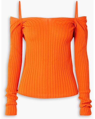 Ioannes Billowy Cold-shoulder Twist-back Ribbed-knit Top - Orange