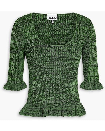 Ganni Ruffled Marled Ribbed-knit Top - Green