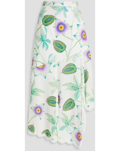 Andrew Gn Asymmetric Floral-print Silk Crepe De Chine Midi Skirt - White