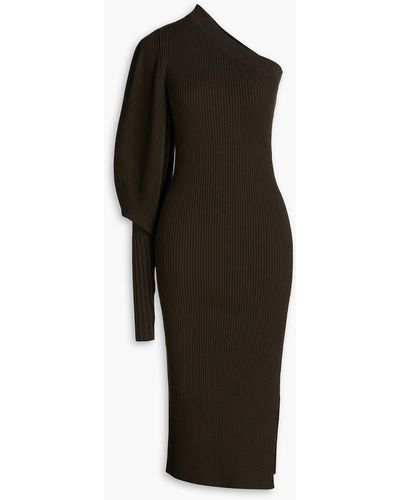 Safiyaa Dolini One-shoulder Ribbed Merino Wool Midi Dress - Black