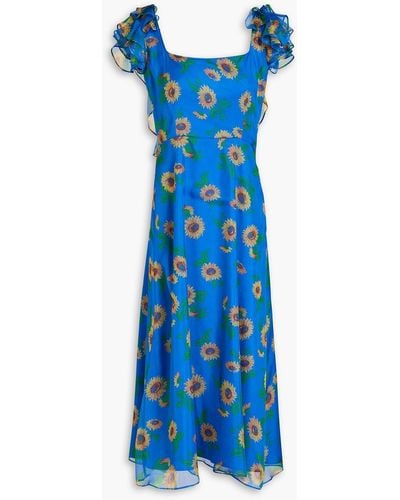 HVN Kathryn Floral-print Silk-chiffon Midi Dress - Blue