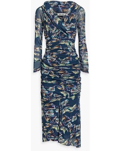 Diane von Furstenberg Ganesa Ruched Printed Stretch-mesh Midi Dress - Blue