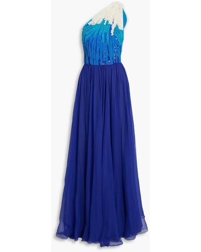 Andrew Gn One-shoulder Embellished Silk-georgette Gown - Blue