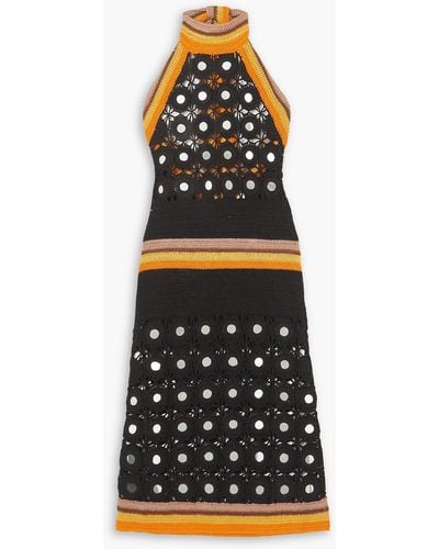 Wales Bonner Marimba Mirror-embellished Striped Crocheted Cotton Midi Dress - Black
