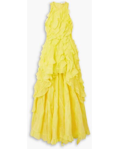 Zimmermann Embellished Ruffled Linen And Silk-blend Gauze Gown - Yellow