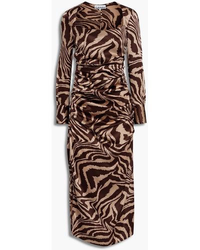 Ganni Pleated Draped Silk-blend Satin Midi Dress - Brown