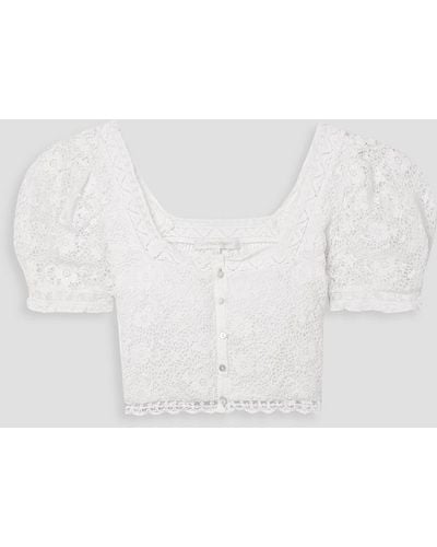 LoveShackFancy Carmeline Cropped Lace-trimmed Crocheted Cotton Top - White