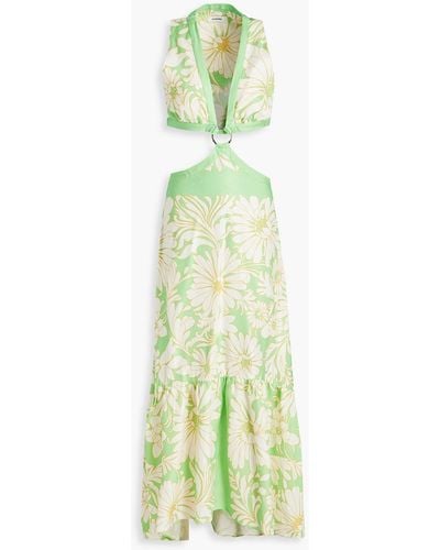 Sandro Ludmila Cutout Floral-print Satin-twill Maxi Dress - Green