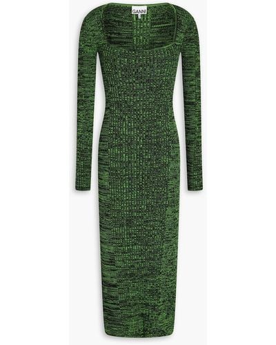 Ganni Marled Ribbed-knit Midi Dress - Green