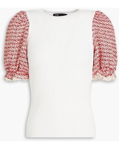 Maje Tweed-paneled Ribbed-knit Top - White