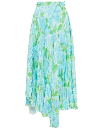 Balenciaga Asymmetric Floral-print Plissé-crepe Skirt - Blue