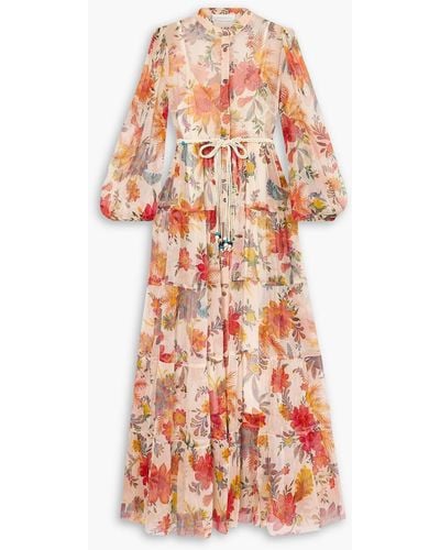 Zimmermann Belted Tiered Floral-print Georgette Maxi Dress - White