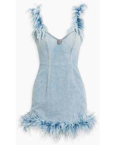 Area Embellished Feather-trimmed Denim Mini Dress - Blue