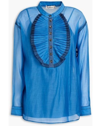 Tory Burch Pleated Cotton And Silk-blend Voile Blouse - Blue