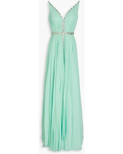 Jenny Packham Embellished Plissé-chiffon Gown - Green