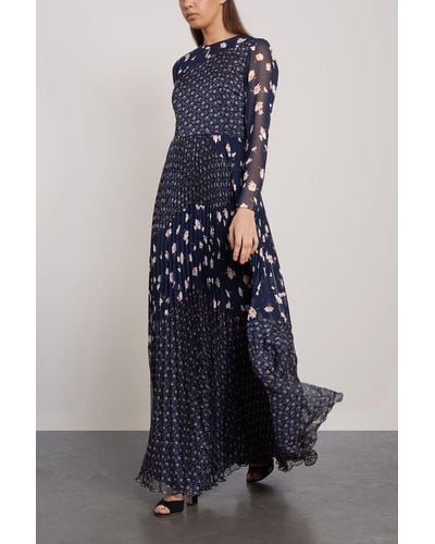 Mikael Aghal Pleated Floral-print Chiffon And Georgette Gown Navy - Blue
